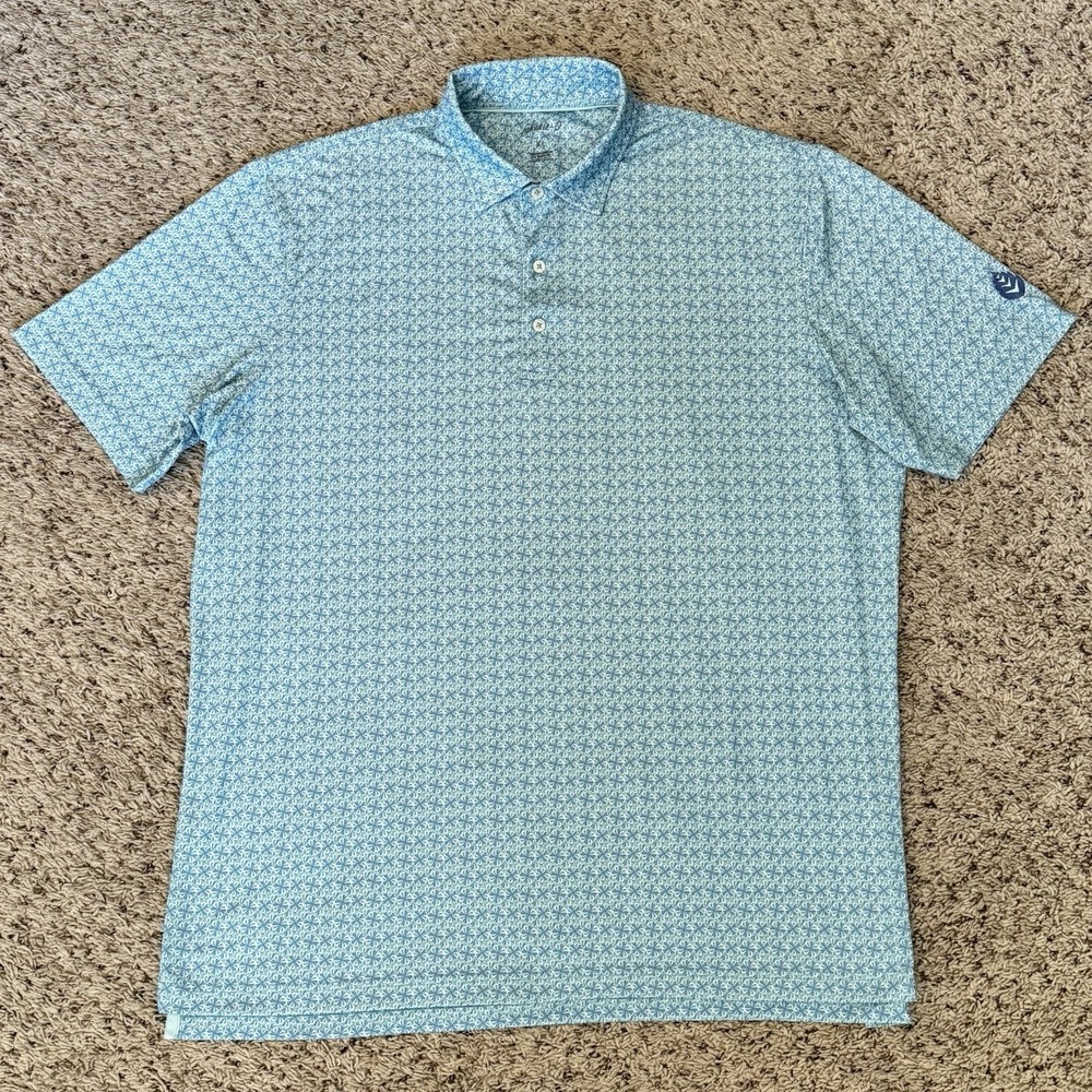 Johnnie-O Polo‎ Shirt Mens XL Blue Geo Print Performance Stretch Golf Casual